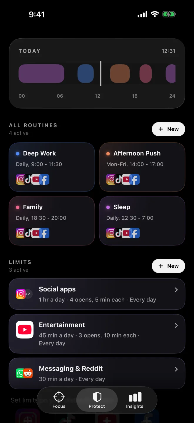Unwhim routines scheduled throughout a day